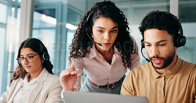 Buy stock photo Computer, call center and teaching team with mentor for help, technical assistance or IT advice. Laptop, contact us and coaching intern for customer service, training or software feedback with people