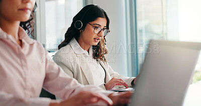 Buy stock photo Laptop, call center and woman in office for telemarketing, insurance sales and lead generation. Computer, agent and communication for outbound marketing, coworking or follow up question for b2c email