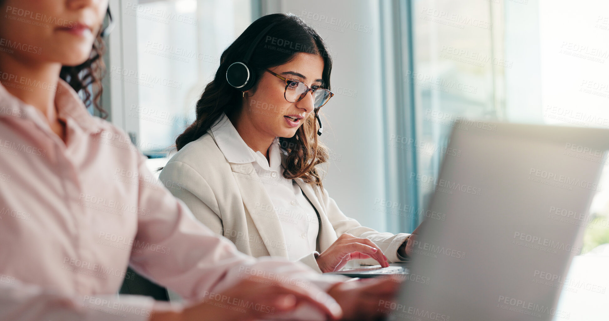 Buy stock photo Laptop, call center and woman in office for telemarketing, insurance sales and lead generation. Computer, agent and communication for outbound marketing, coworking or follow up question for b2c email