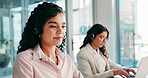 Woman, call center and communication with headset in office, telemarketing or sales in coworking space. Female consultant, outbound or contact us for lead generation, girl and colleague in workplace