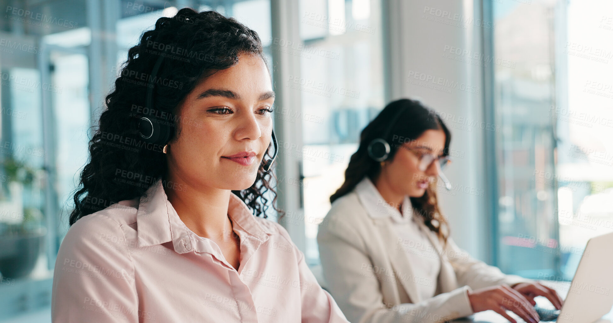 Buy stock photo Woman, call center and communication with headset in office, telemarketing or sales in coworking space. Female consultant, outbound or contact us for lead generation, girl and colleague in workplace