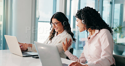 Buy stock photo Call center, team and happy women talk with laptop for help, advice or multilingual support. Customer service, coworking and computer for assistance, language translation and feedback for crm email
