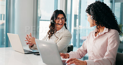 Buy stock photo Call center, coworking and happy women talk with laptop for help, advice or multilingual support. Customer service, team and computer for assistance, language translation and feedback for crm email