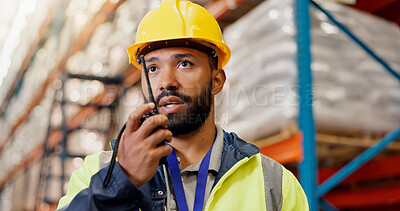 Buy stock photo Man, radio and talk at warehouse for logistics, freight and package on shelf for global shipping. Person, communication and discussion with wireless tech for supply chain management at industry plant