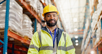 Buy stock photo Portrait, man and smile at logistics warehouse for inspection,  supply chain and cargo shipping. Male person, safety gear and factory for distribution, freight service and quality assurance of export