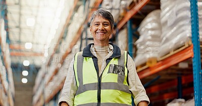 Buy stock photo Woman, portrait and smile at warehouse for logistics, pride or low angle for supply chain management. Mature person, happy and engineer with shipping job, freight and confidence at plant in Colombia