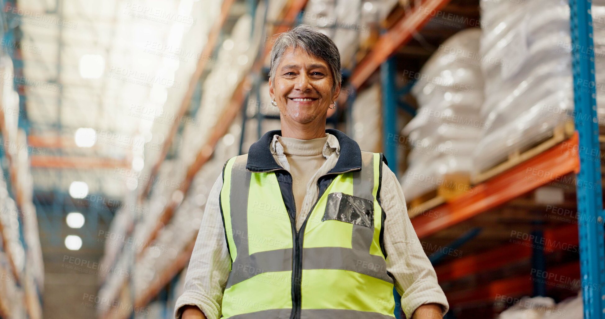 Buy stock photo Woman, portrait and smile at warehouse for logistics, pride or low angle for supply chain management. Mature person, happy and engineer with shipping job, freight and confidence at plant in Colombia
