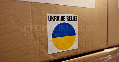 Buy stock photo Export, Ukraine and charity with box in warehouse for logistics, food package and donation. Ngo distribution, famine relief and humanitarian aid with cargo in factory for social responsibility