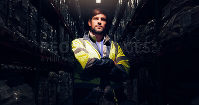 Buy stock photo Portrait, night and man with arms crossed, distribution and manufacturing with career ambition. Face, person and inspector with vest, evening and logistics with shipping, pride or supply chain expert