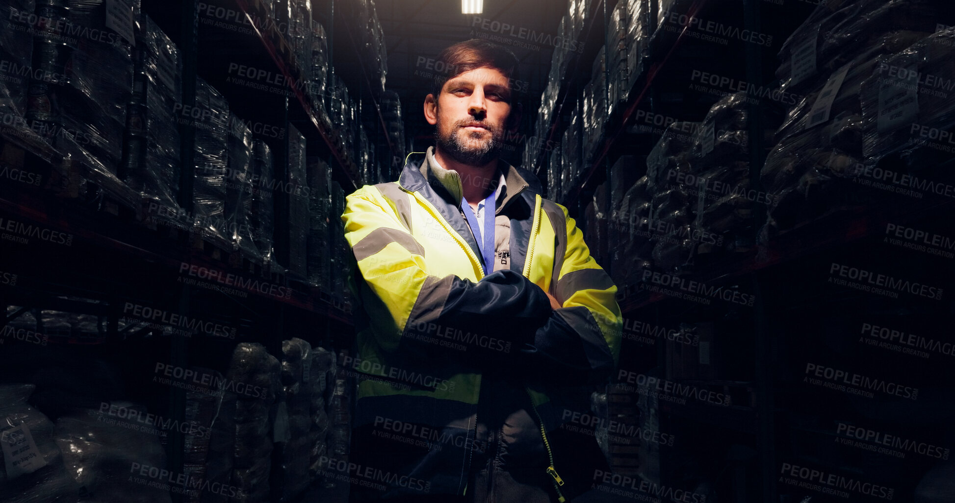 Buy stock photo Portrait, night and man with arms crossed, distribution and manufacturing with career ambition. Face, person and inspector with vest, evening and logistics with shipping, pride or supply chain expert
