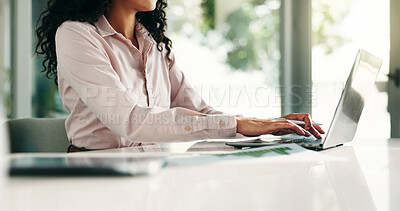Buy stock photo Hands, planning and laptop with business woman in office for research, broker report and account manager. Typing, investment review and budget admin with person in financial agency for portfolio