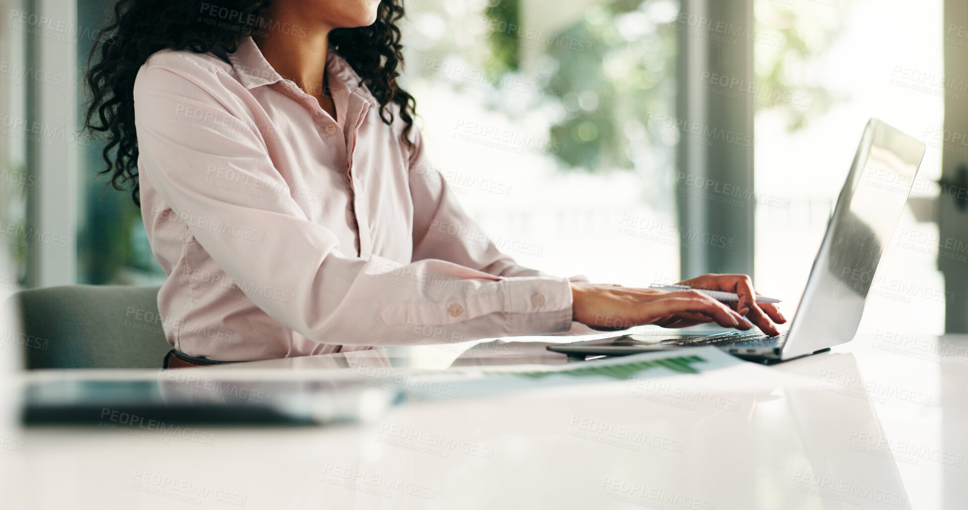 Buy stock photo Hands, planning and laptop with business woman in office for research, broker report and account manager. Typing, investment review and budget admin with person in financial agency for portfolio