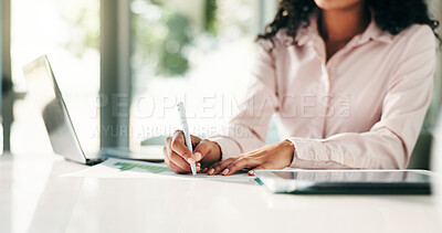 Buy stock photo Business woman, hands and writing with documents at office for corporate finance or report. Female person, financial analyst or employee taking notes with paperwork, tablet or laptop for statistics