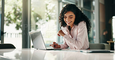 Buy stock photo Finance, laptop and smile with business woman in office for review of account, information or report. Computer, development and investment with financial analyst in workplace for wealth management