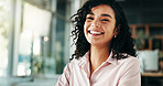 Laugh, office and portrait of business woman with confidence, pride and company consultant. Corporate, professional about us and happy person for financial advisor, investment and job opportunity