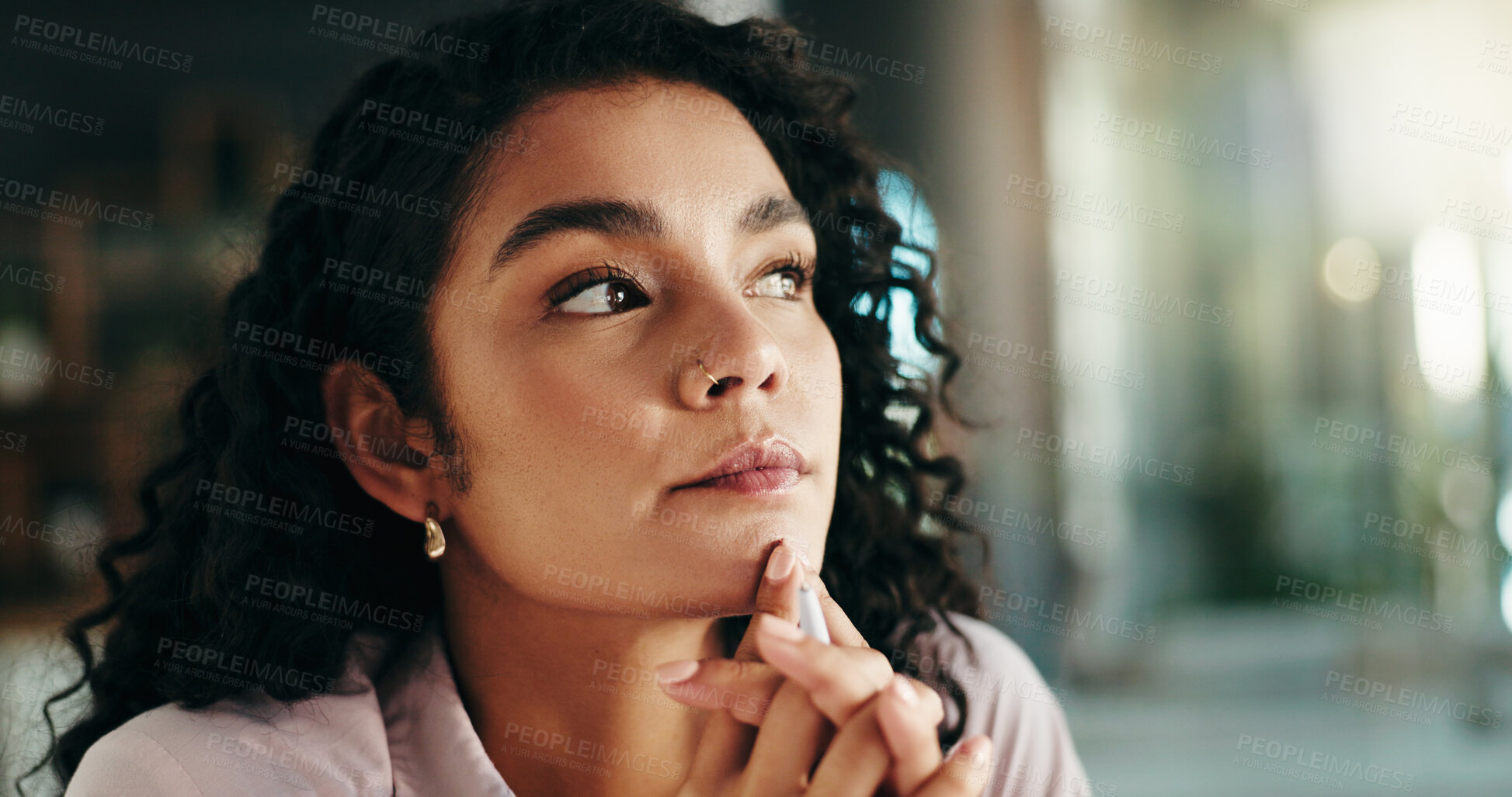 Buy stock photo Thinking, decision and businesswoman in office with plan for creative project with ideas for research. Space, choice and magazine editor with brainstorming for solution with article publishing.