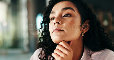 Buy stock photo Thinking, ideas and businesswoman in office at night with planning for creative project. Professional, problem solving and magazine editor with brainstorming for article publishing with deadline.