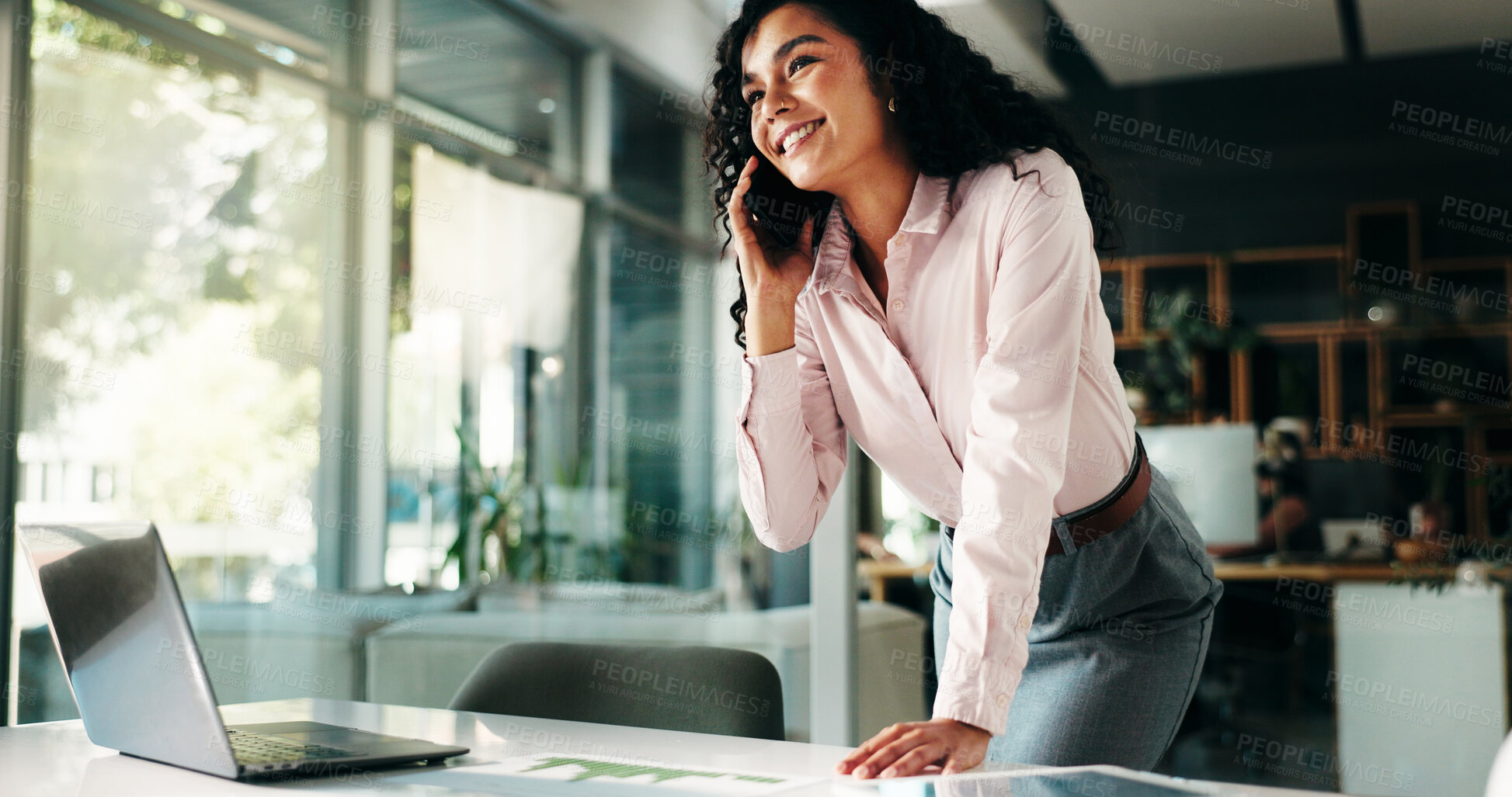 Buy stock photo Smile, phone call and woman with documents, charts and communication for audit schedule. Profit growth, employee or financial advisor in office, cellphone or options for budget report or stock market