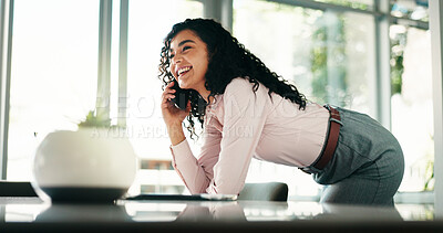 Buy stock photo Phone call, smile and chat with business woman in office for networking, schedule manager and contact. Communication, planning and conversation with person as virtual consultant and discussion