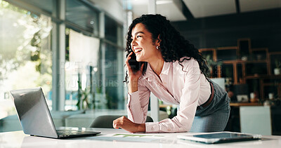 Buy stock photo Business, phone call and woman with laptop, funny and communication for audit schedule. Laughing, employee and financial advisor in office, smartphone and planning for budget report and stock market