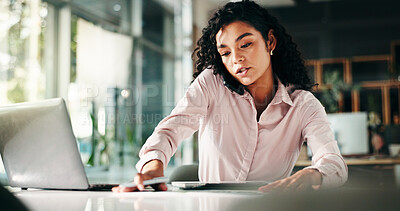 Buy stock photo Phone call, laptop and planning with business woman in office for networking, schedule manager and contact. Communication, multitask and conversation with person as virtual consultant and research