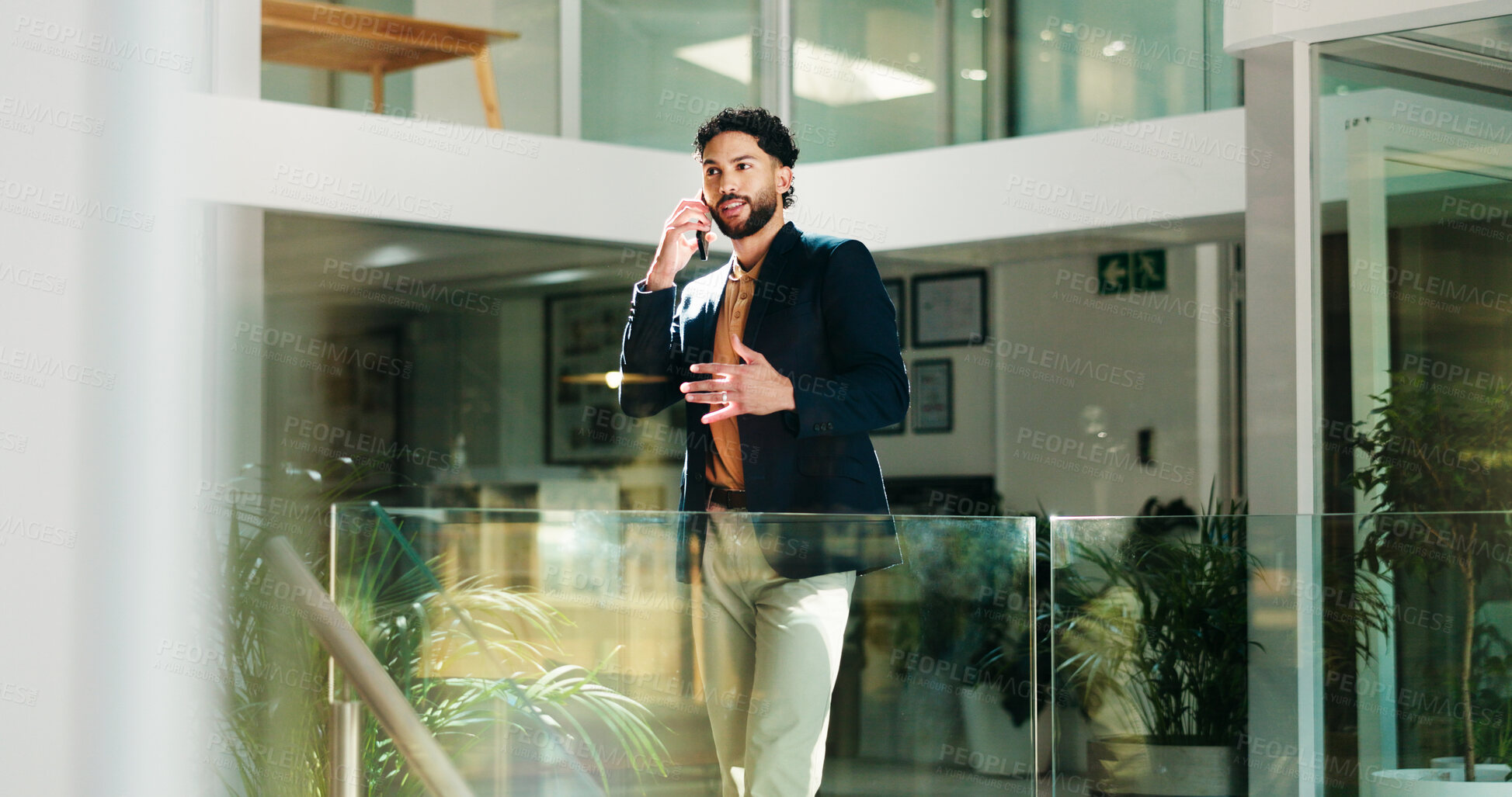 Buy stock photo Businessman, discussion and office with phone call for negotiation or proposal at workplace. Man, employee or financial advisor talking on mobile smartphone for corporate deal, chat or conversation