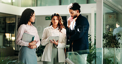 Buy stock photo Business people, tablet and group in office, teamwork and conversation with budget report. Employees, collaboration and financial advisors in workplace, tech and digital app for email and feedback