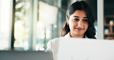 Buy stock photo Finance, documents or businesswoman with smile for budget savings, loan help or career. Financial review, paperwork or happy investment banker in office for wealth management, taxes or profit growth