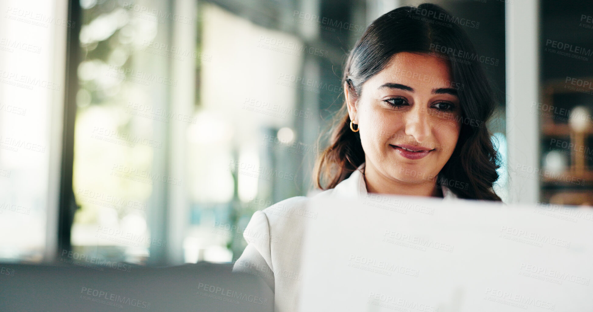 Buy stock photo Finance, documents or businesswoman with smile for budget savings, loan help or career. Financial review, paperwork or happy investment banker in office for wealth management, taxes or profit growth