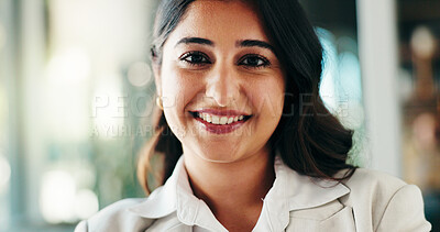 Buy stock photo Happy, business woman and portrait with confidence at office for career opportunity or job. Female person, employee or lawyer with smile in pride for corporate profession at workplace or law firm