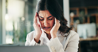 Buy stock photo Woman, headache or stress in office for mistake, fatigue or burnout in company business. Tired, frustrated person or employee with migraine or anxiety for dizziness, strain or pressure at workplace