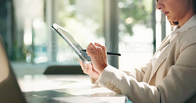 Buy stock photo Hands, business and woman with tablet, stylus and online reading with email for economy feedback. Website, person and employee in office, tech and digital app for trading update and review for audit 