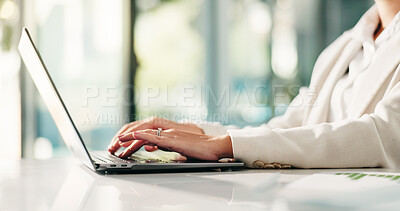 Buy stock photo Hands, online and laptop with business woman in office for research, broker report and account manager. Planning, investment review and budget admin with person in financial agency for portfolio