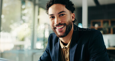 Buy stock photo Portrait, auditor or confident businessman with smile for budget savings, loan help or career. Financial review, happy or investment banker in office for wealth management, taxes or profit growth