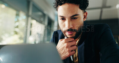 Buy stock photo Thinking, laptop and business man in office for solution, planning and problem solving for investment. Corporate, professional and person on computer for financial review, strategy and decision