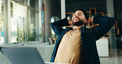 Buy stock photo Smile, laptop and stretching with business man in office for negotiation closer, relax and success. Resting, client achievement and email good news with person in agency for calm and project 