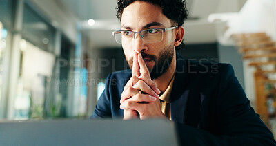 Buy stock photo Thinking, laptop and business man for solution, planning and problem solving for investment in office. Corporate, professional and person on computer for financial review, strategy and decision