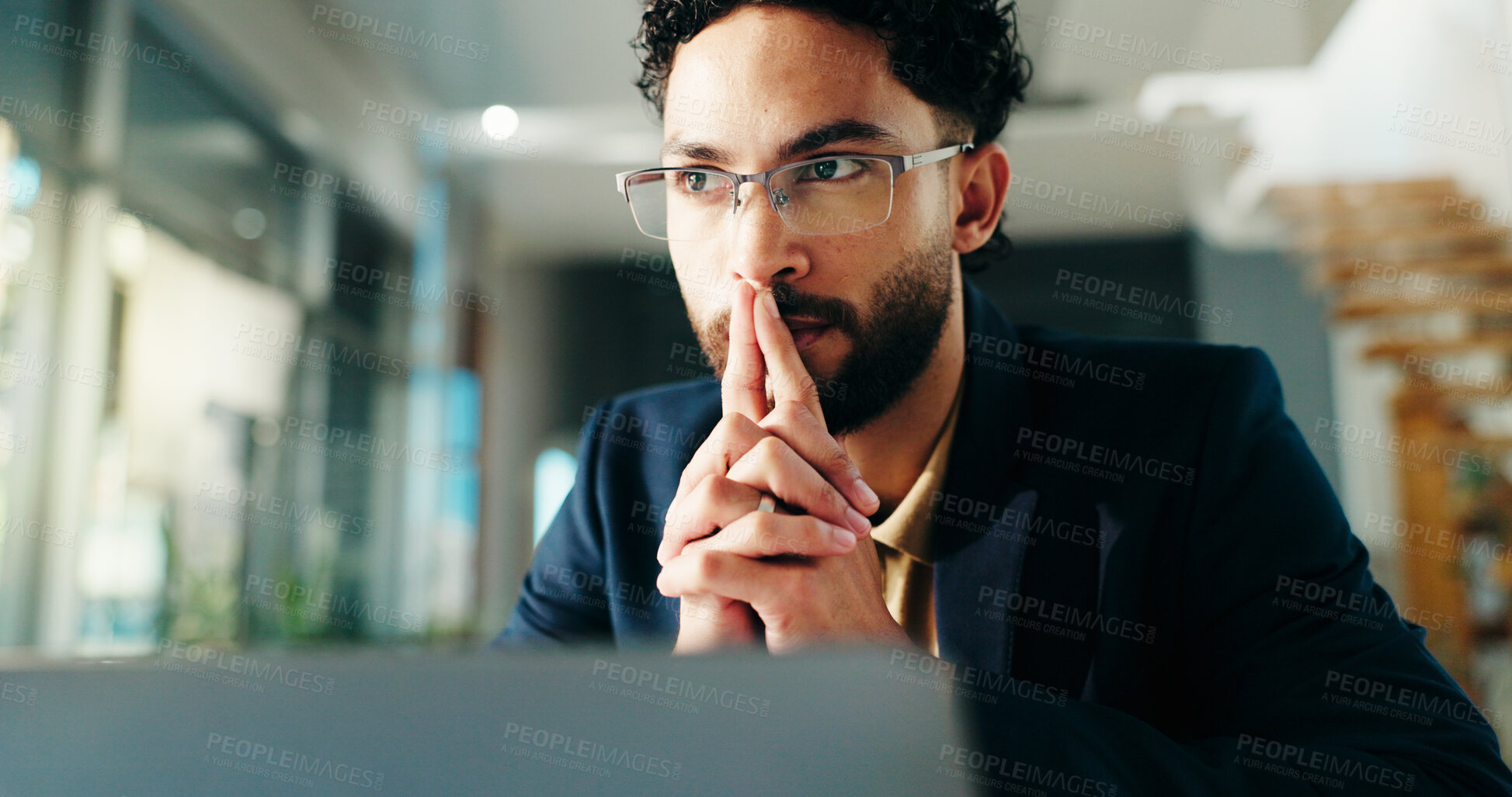 Buy stock photo Thinking, laptop and business man for solution, planning and problem solving for investment in office. Corporate, professional and person on computer for financial review, strategy and decision
