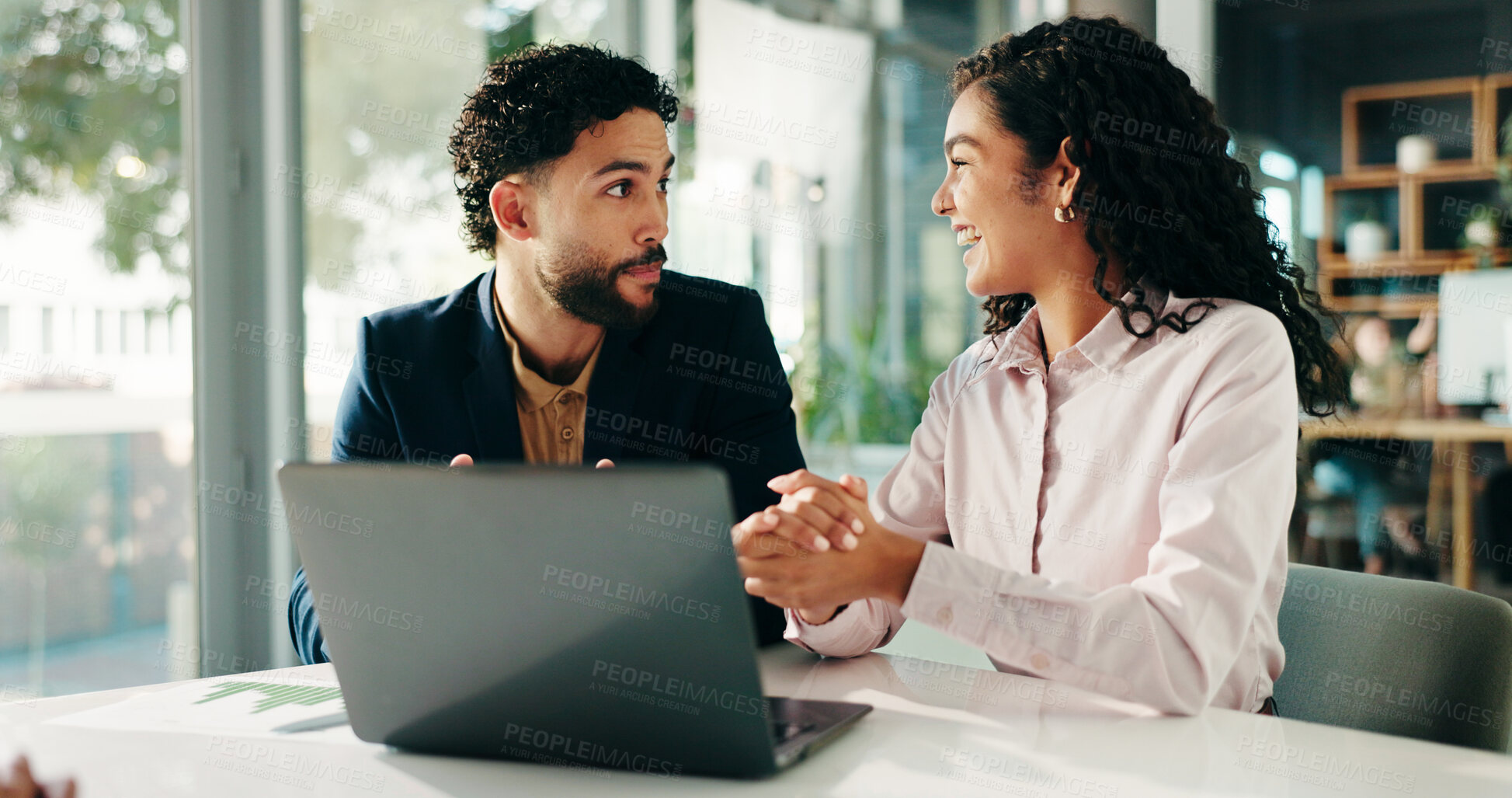 Buy stock photo Laptop, discussion and business people in office for feedback, review or advice on creative project. Computer, conversation and magazine editor with manager for publishing approval at agency.