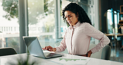 Buy stock photo Frustrated woman, laptop and office with back pain for bad posture or discomfort at workplace. Female person, employee or business with computer or sore spine for muscle tension or strain at desk
