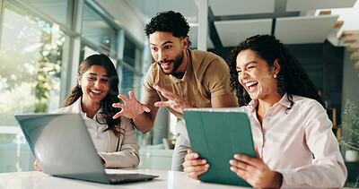 Buy stock photo Laughing, meeting and colleagues with laptop, office and humor for project, collaboration and group. Happy, marketing coordinator and people with tablet for campaign, teamwork or employees with jokes