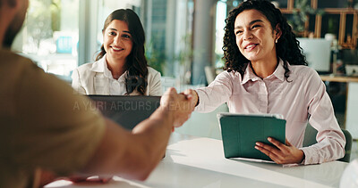 Buy stock photo Happy, business people and meeting with handshake or tablet for deal, partnership or opportunity. Women, team or employees shaking hands with smile or technology for agreement, welcome or thank you