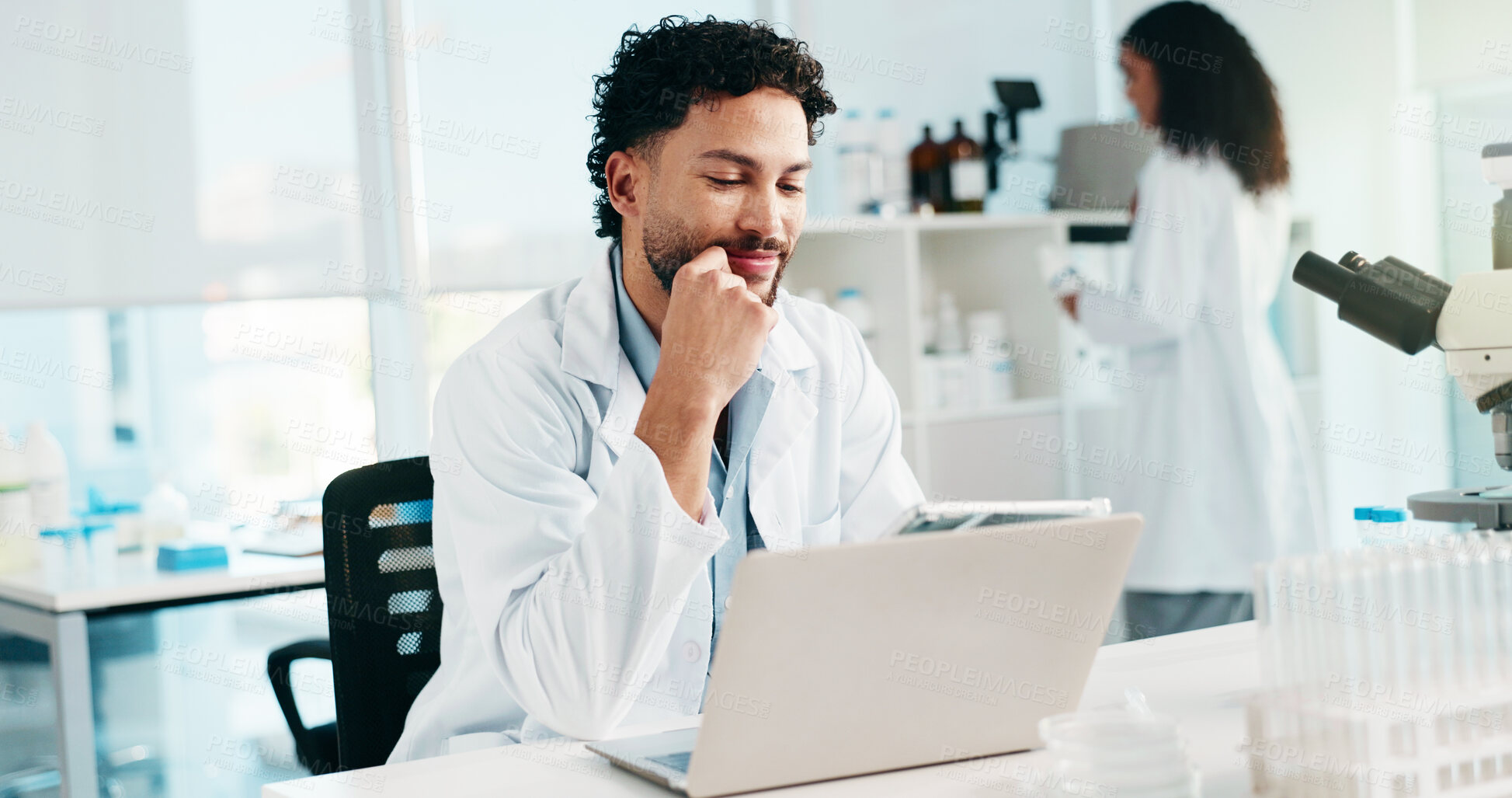 Buy stock photo Tablet, scientist problem solving and man in lab for research, vaccine development or chemistry idea. Think, science and happy medical worker with breakthrough, insight or reading peer review journal