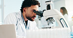 Man, scientist and microscope for medical study, research or forensic science at laboratory. Male person, healthcare worker or exam with microorganisms for new discovery, analysis or test results