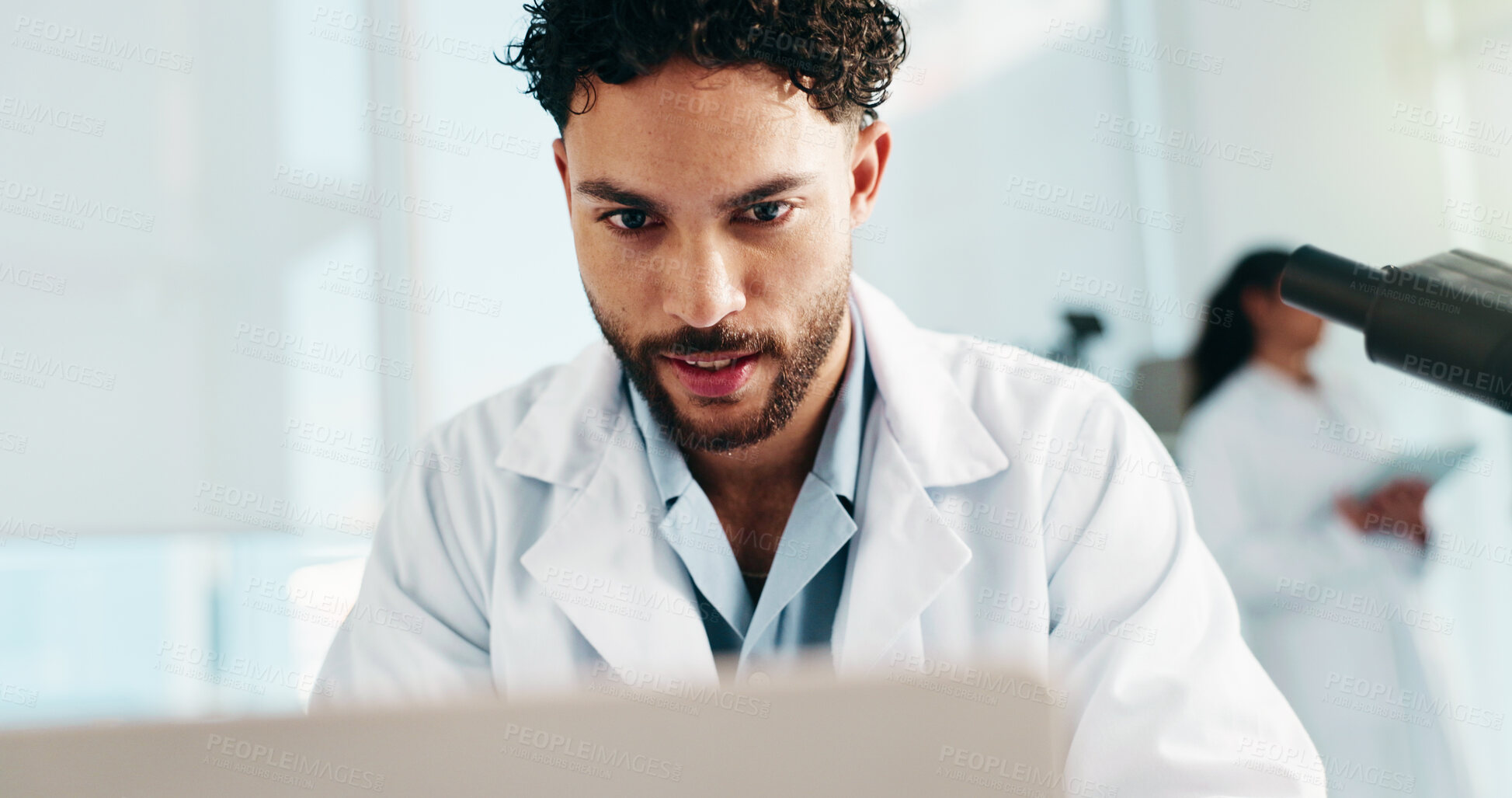 Buy stock photo Man, scientist and science with laptop in lab of research, study results and medical experiment. Male person, reading and pc for project, biotechnology and discovery article of healthcare information