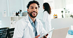 Scientist, man and portrait with tablet in lab for medical research, test results and innovation. Science, drug trial and employee with laptop for vaccine development, clinical experiment and pride