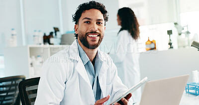 Buy stock photo Scientist, man and portrait with tablet in lab for medical research, test results and innovation. Science, drug trial and employee with laptop for vaccine development, clinical experiment and pride