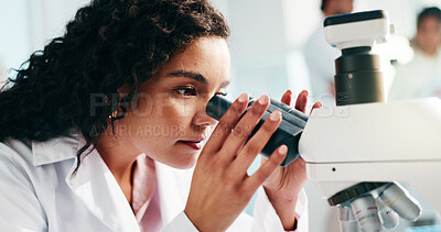 Buy stock photo Microscope, woman and scientist in laboratory for analysis, study or research for medical breakthrough. Science, biotechnology and female biologist with pharmaceutical investigation for innovation.