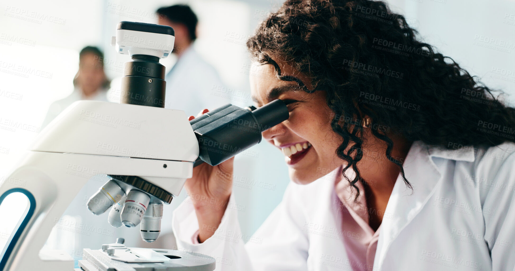 Buy stock photo Happy woman, scientist and microscope for medical study, research or forensic science at laboratory. Female person, healthcare worker or exam with smile for new discovery, results or breakthrough