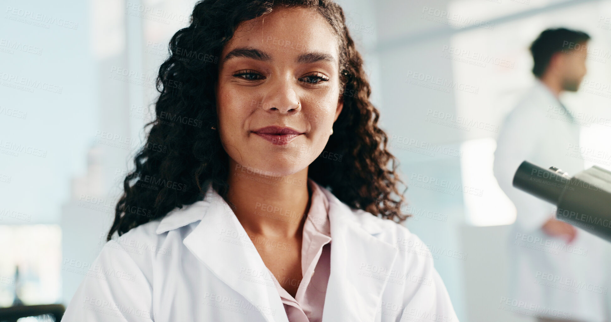 Buy stock photo Woman, scientist and smile in lab with thinking, review and medical research project for vaccine. Person, happy and pharmaceutical study with decision, problem solving and solution for virus at lab